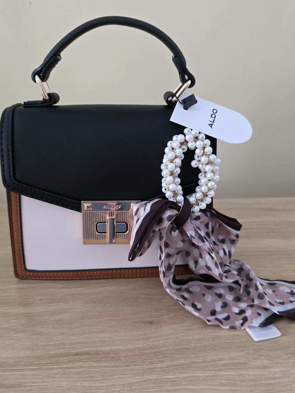 ALDO Two-Tone Top Handle Crossbody W/Pearl Charm & Scarf